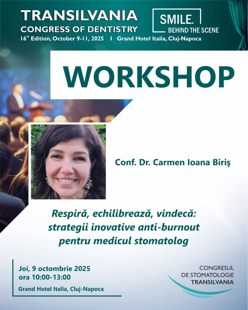 Afiș workshop cu Conf. Dr. Carmen Ioana Biriș – «Respiră, echilibrează, vindecă…», joi 9 octombrie 2025, 10:00–13:00, Grand Hotel Italia, Cluj-Napoca.