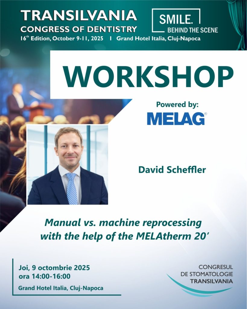 Afiș workshop cu David Scheffler – «Manual vs. machine reprocessing with the help of the MELAtherm 20’», joi 9 octombrie 2025, 14:00–16:00, Grand Hotel Italia, Cluj-Napoca (Powered by MELAG).