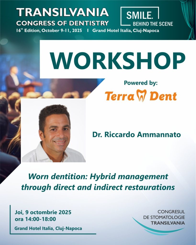 Afiș workshop cu Dr. Riccardo Ammannato – «Worn dentition: Hybrid management…», joi 9 octombrie 2025, 14:00–18:00, Grand Hotel Italia, Cluj-Napoca (Powered by TerraDent).