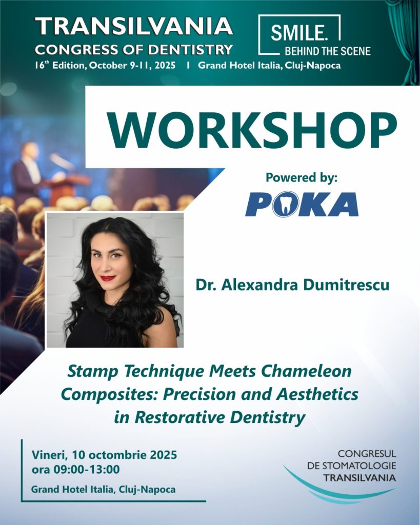 Afiș workshop cu Dr. Alexandra Dumitrescu – «Stamp Technique Meets Chameleon Composites», vineri 10 octombrie 2025, 09:00–13:00, Grand Hotel Italia, Cluj-Napoca (Powered by POKA).